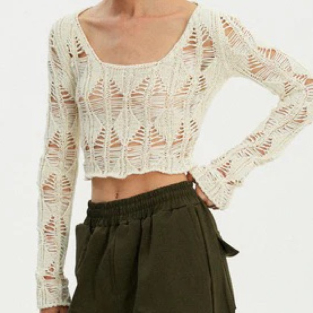 Source Unknown Cream Crochet Cropped Knit Sweater